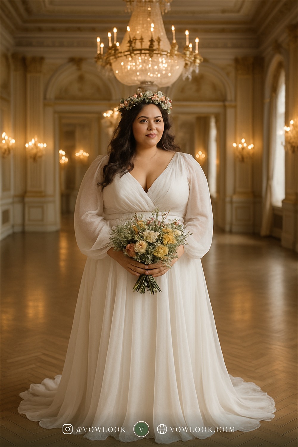 Bohemian ballroom wedding look — a column or soft sheath shape that moves with you in warm ivory or champagne