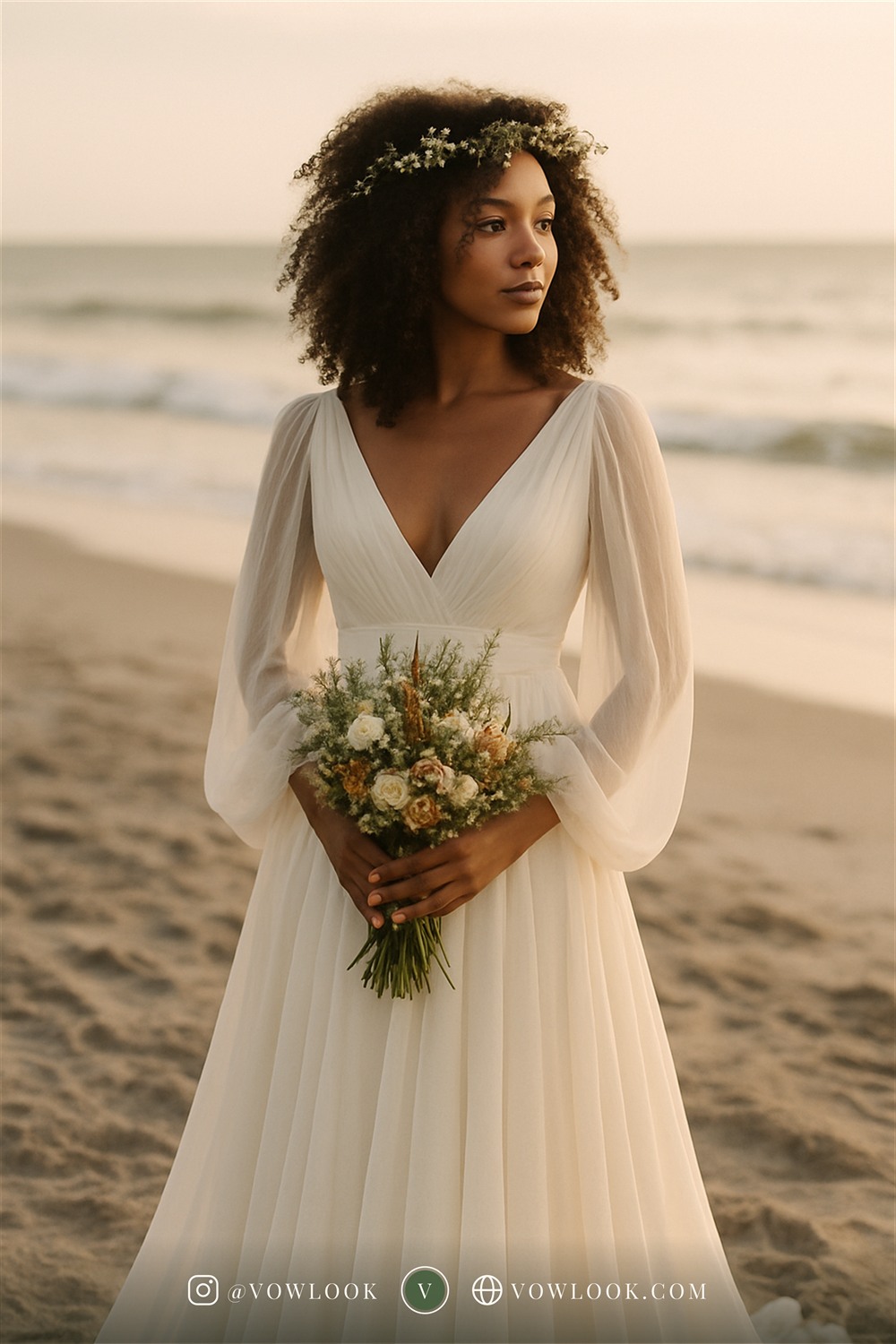 Bohemian beach wedding look — a column or soft sheath shape that moves with you in warm ivory or champagne