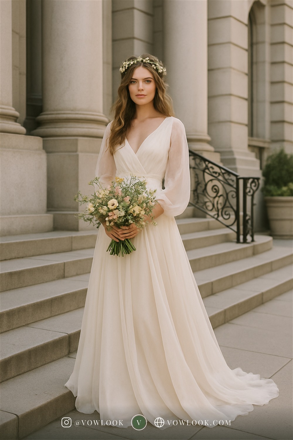 Bohemian city hall wedding look — a column or soft sheath shape that moves with you in warm ivory or champagne
