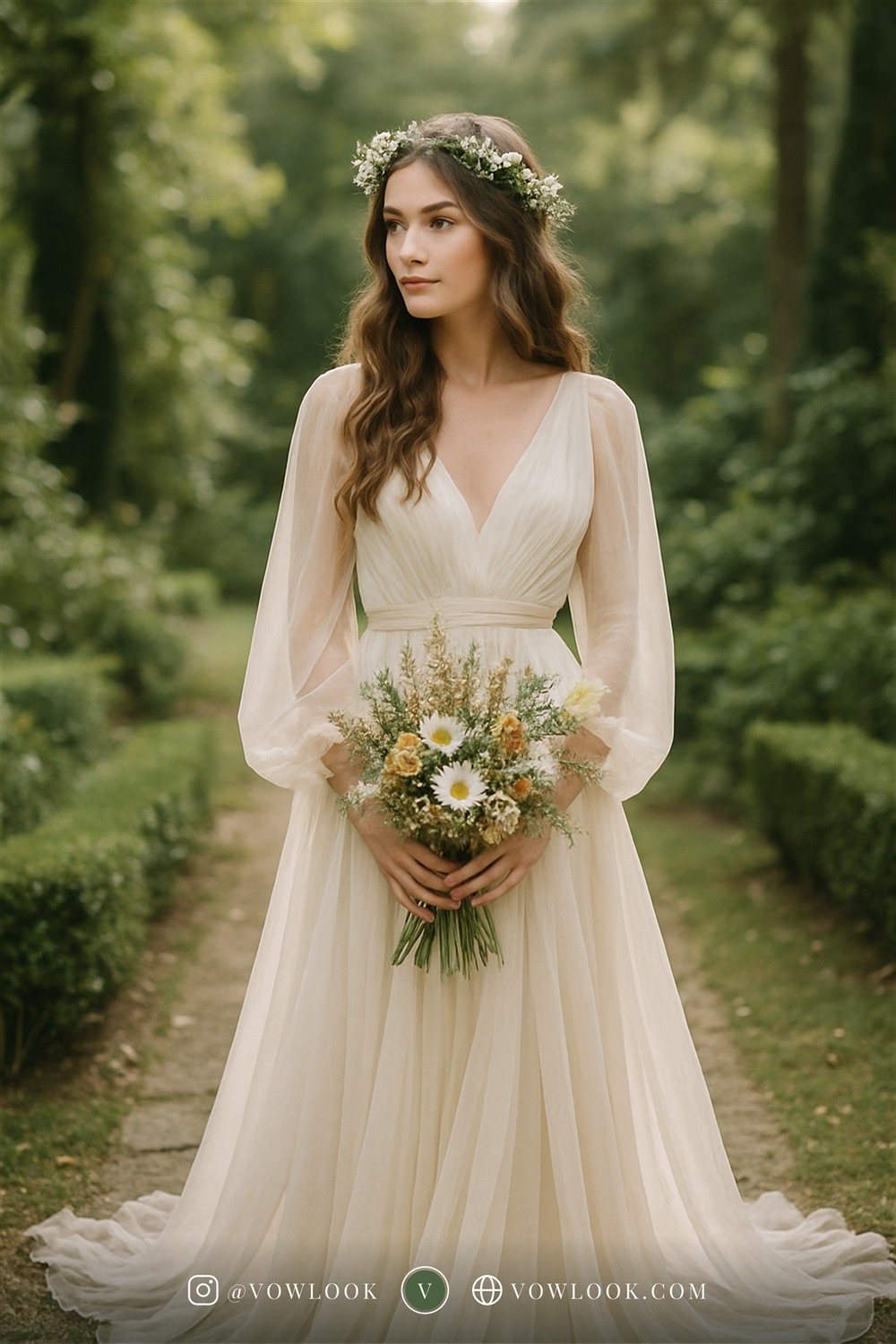 Bohemian garden wedding look — a column or soft sheath shape that moves with you in warm ivory or champagne