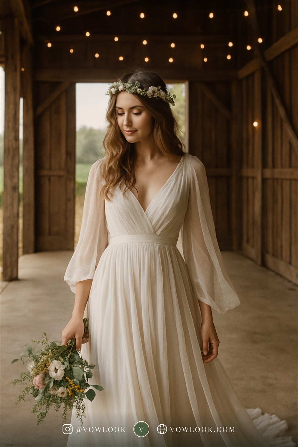 Bohemian rustic wedding look — a column or soft sheath shape that moves with you in warm ivory or champagne