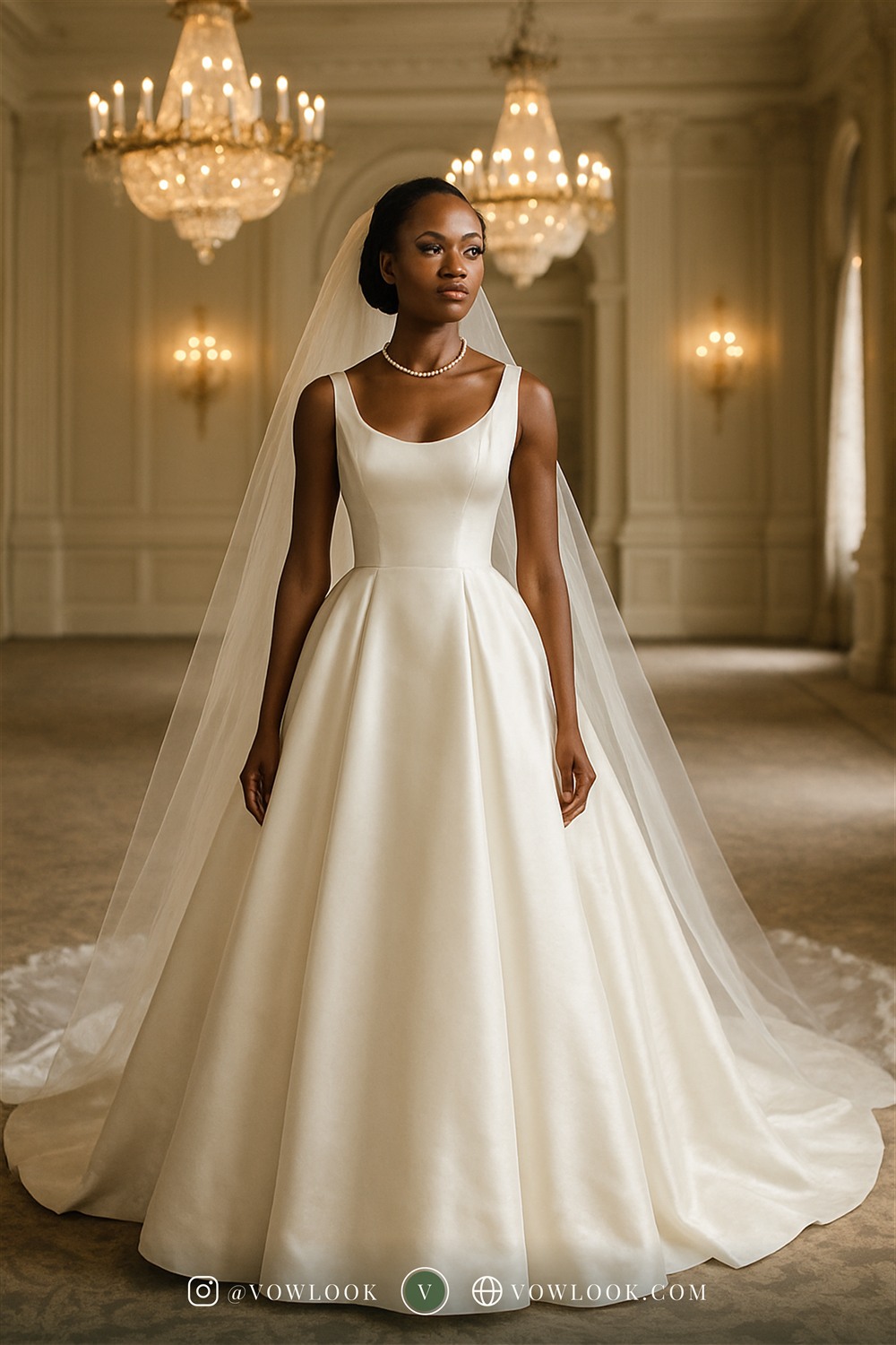 Classic ballroom wedding look — a clean A-line or structured ballgown with a defined waist in true ivory — the most photogenic, versatile white in bridal
