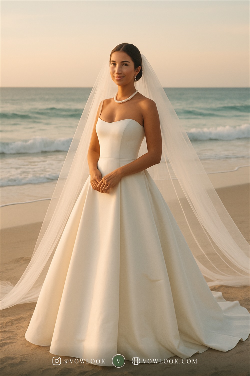 Classic beach wedding look — a clean A-line or structured ballgown with a defined waist in true ivory — the most photogenic, versatile white in bridal