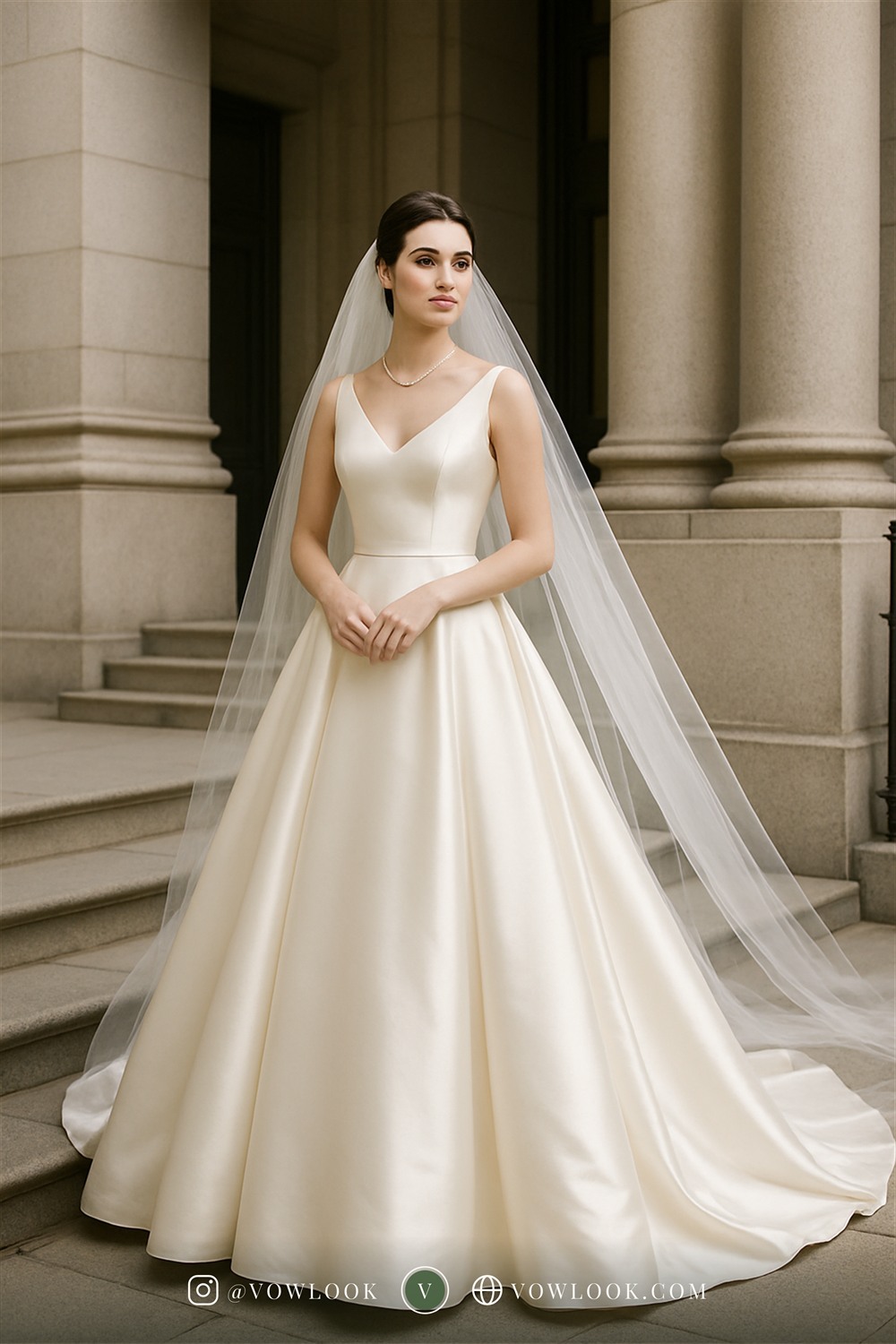 Classic city hall wedding look — a clean A-line or structured ballgown with a defined waist in true ivory — the most photogenic, versatile white in bridal
