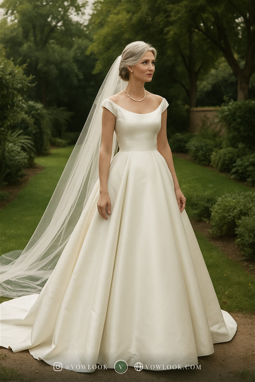 Classic garden wedding look — a clean A-line or structured ballgown with a defined waist in true ivory — the most photogenic, versatile white in bridal