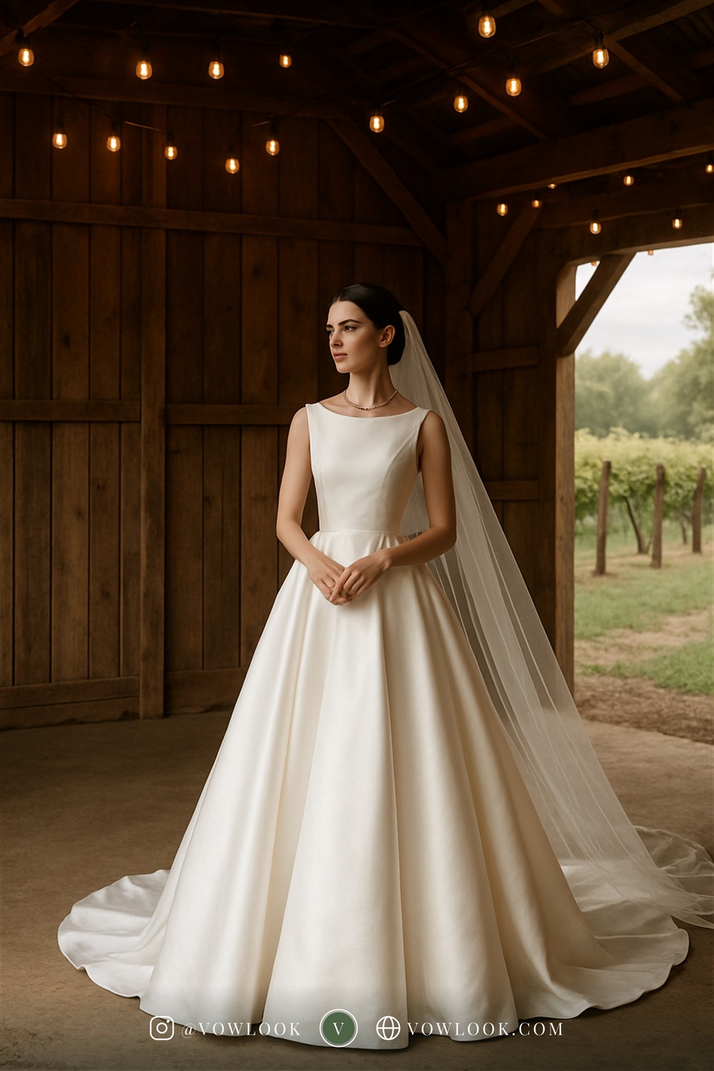 Classic rustic wedding look — a clean A-line or structured ballgown with a defined waist in true ivory — the most photogenic, versatile white in bridal