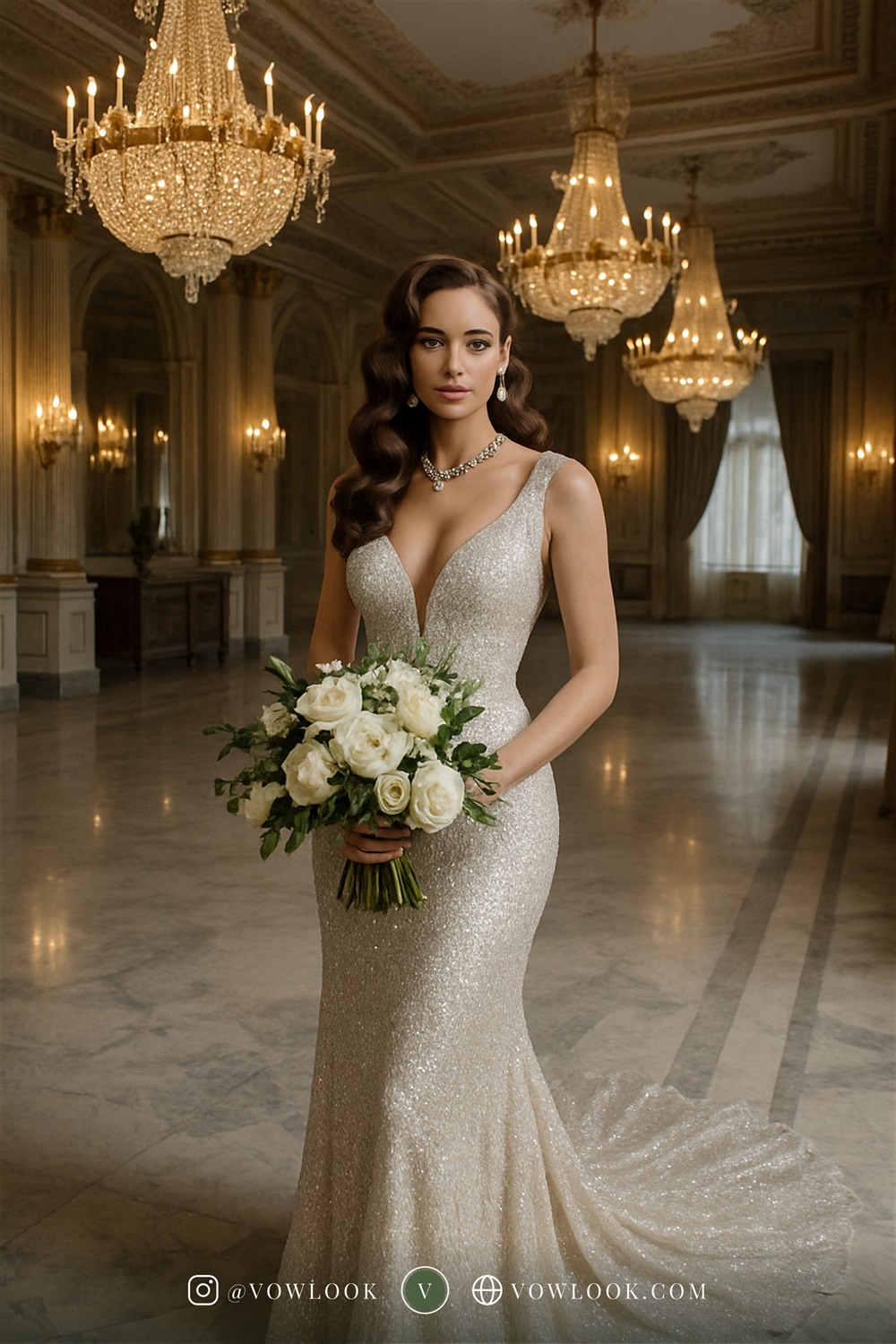 Glamorous ballroom wedding look — a fitted mermaid or trumpet that celebrates your curves in pure white or ivory with a subtle shimmer