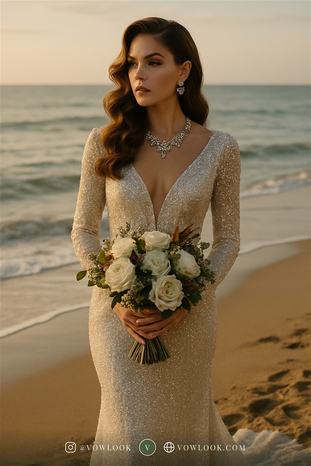Glamorous beach wedding look — a fitted mermaid or trumpet that celebrates your curves in pure white or ivory with a subtle shimmer