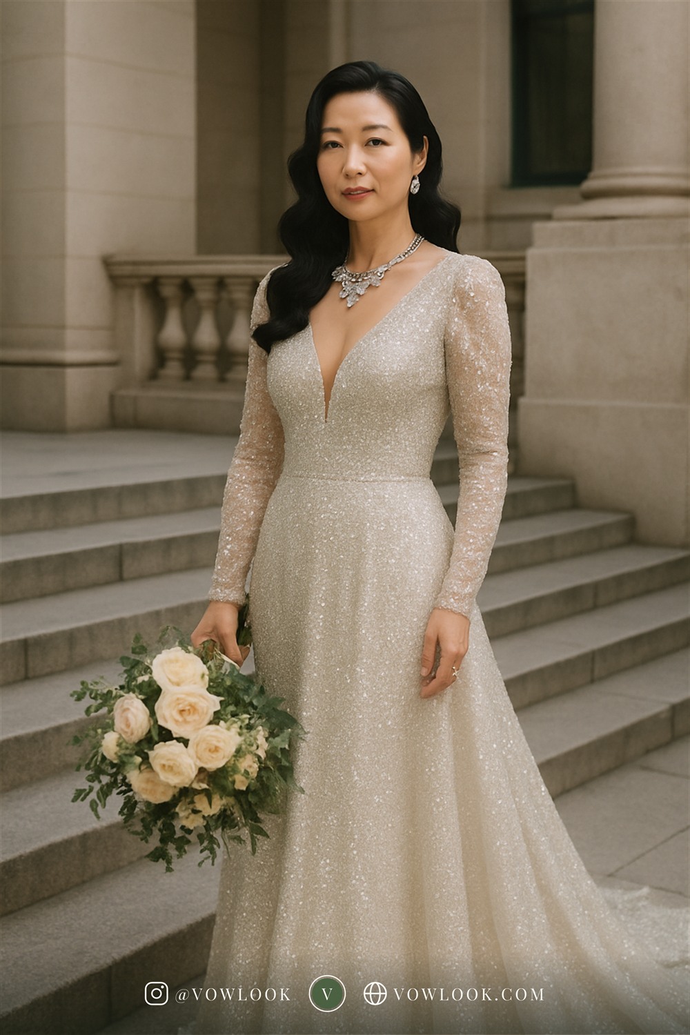 Glamorous city hall wedding look — a fitted mermaid or trumpet that celebrates your curves in pure white or ivory with a subtle shimmer