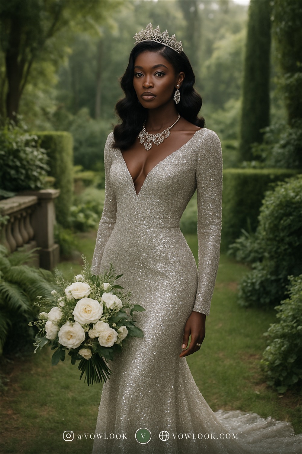 Glamorous garden wedding look — a fitted mermaid or trumpet that celebrates your curves in pure white or ivory with a subtle shimmer