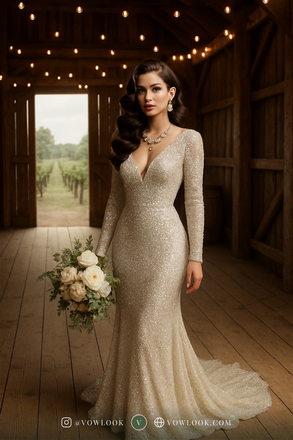 Glamorous rustic wedding look — a fitted mermaid or trumpet that celebrates your curves in pure white or ivory with a subtle shimmer