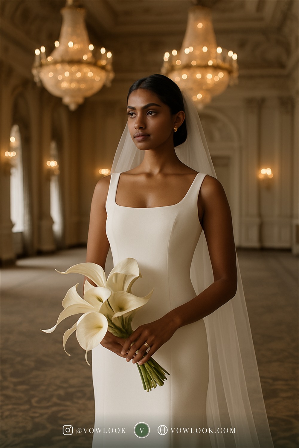 Modern ballroom wedding look — a minimalist sheath, crepe column or a sleek bridal jumpsuit in crisp pure white or clean ivory, free of ornament