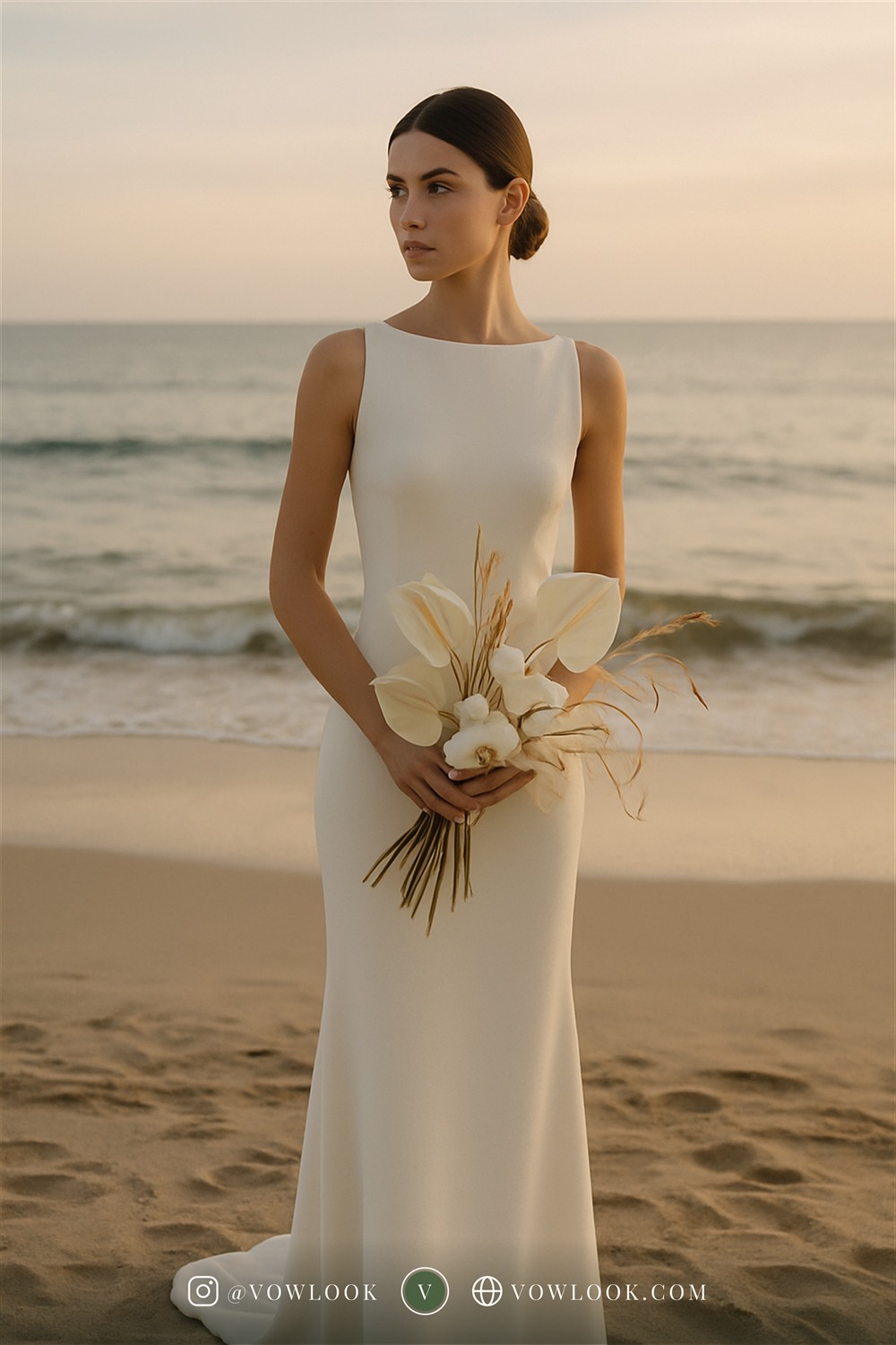 Modern beach wedding look — a minimalist sheath, crepe column or a sleek bridal jumpsuit in crisp pure white or clean ivory, free of ornament
