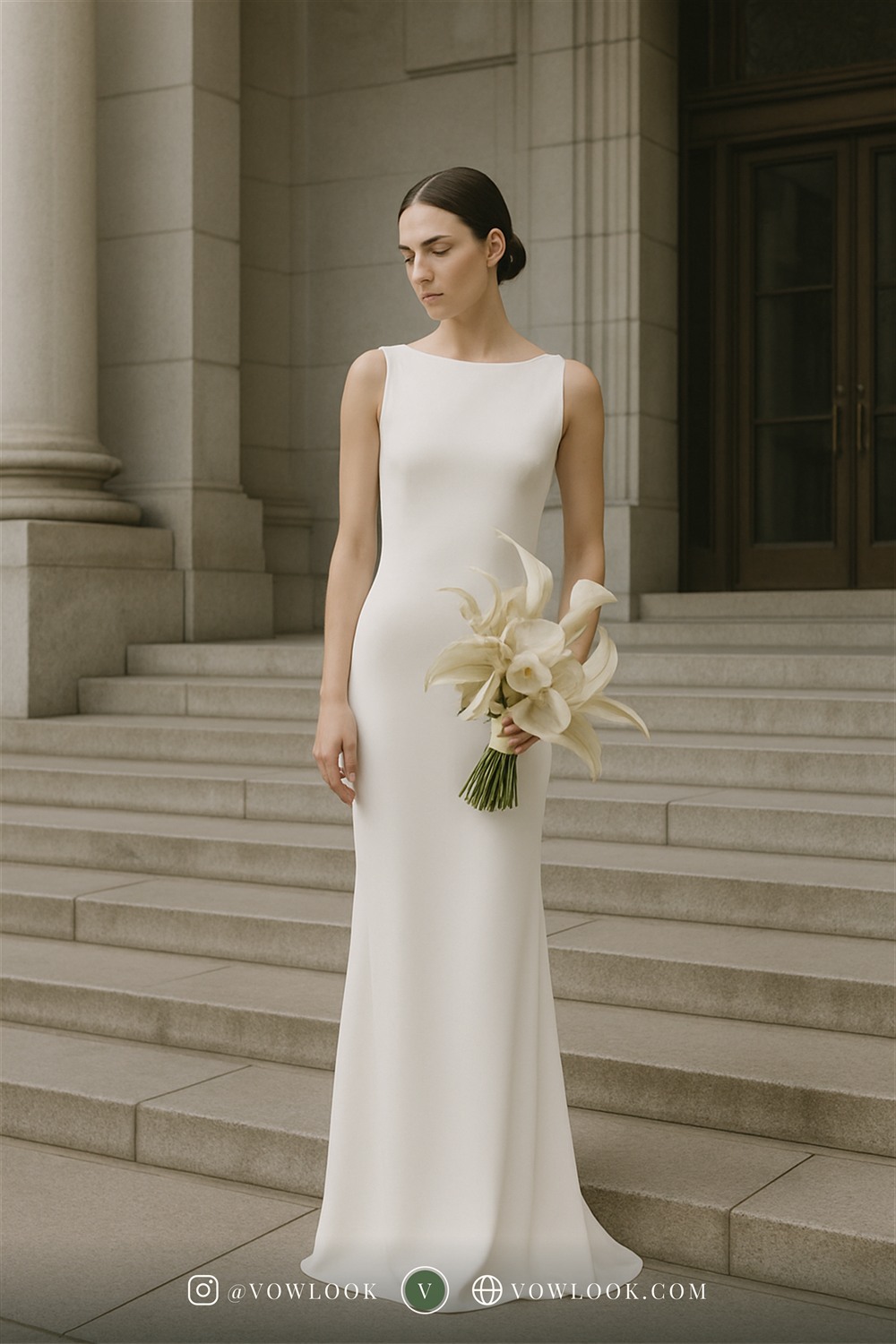 Modern city hall wedding look — a minimalist sheath, crepe column or a sleek bridal jumpsuit in crisp pure white or clean ivory, free of ornament