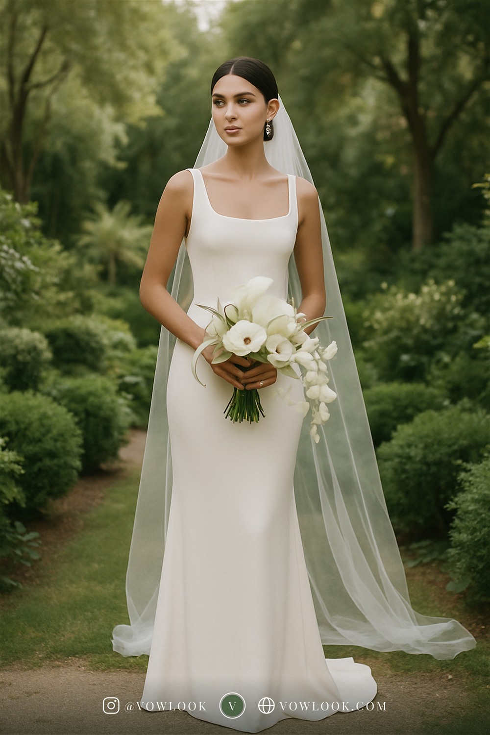 Modern garden wedding look — a minimalist sheath, crepe column or a sleek bridal jumpsuit in crisp pure white or clean ivory, free of ornament
