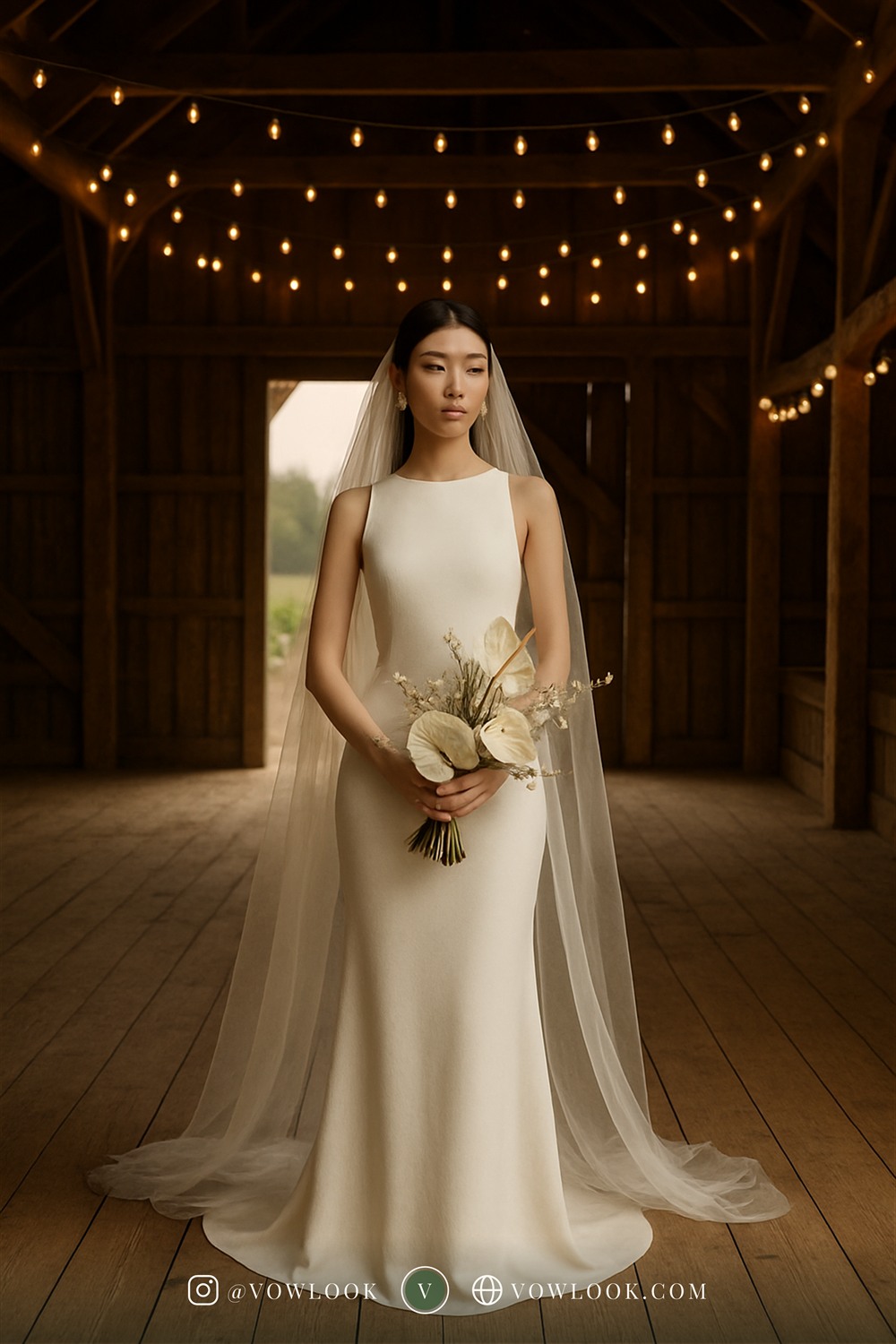 Modern rustic wedding look — a minimalist sheath, crepe column or a sleek bridal jumpsuit in crisp pure white or clean ivory, free of ornament