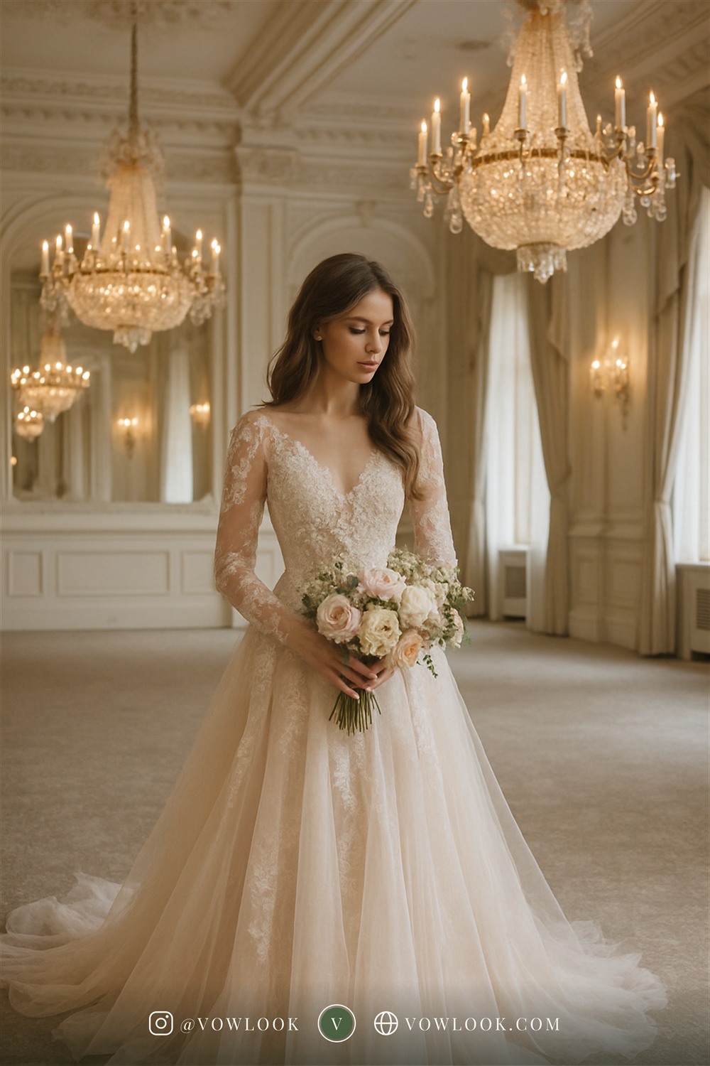 Romantic ballroom wedding look — an A-line or soft ballgown skirt with a natural waist in ivory or a whisper of blush-tinted white
