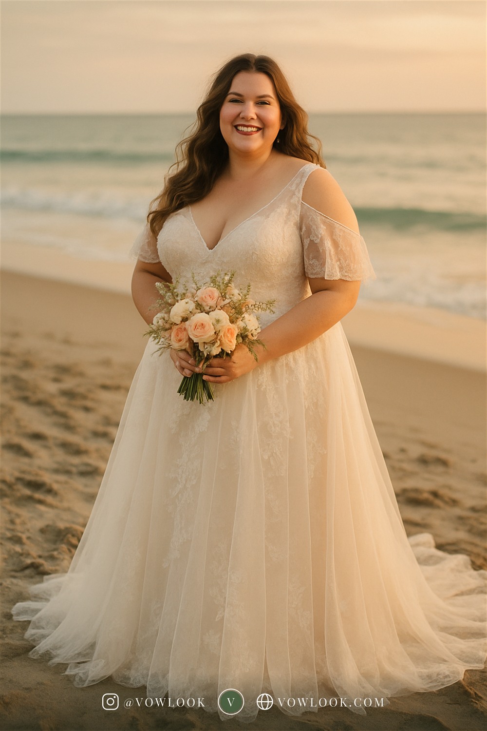Romantic beach wedding look — an A-line or soft ballgown skirt with a natural waist in ivory or a whisper of blush-tinted white