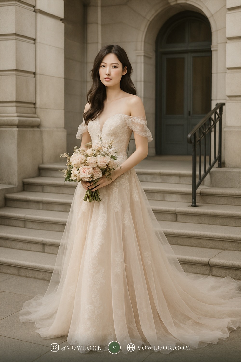 Romantic city hall wedding look — an A-line or soft ballgown skirt with a natural waist in ivory or a whisper of blush-tinted white