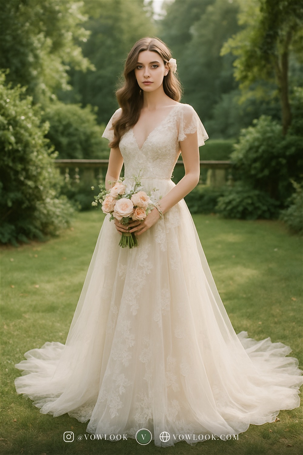 Romantic garden wedding look — an A-line or soft ballgown skirt with a natural waist in ivory or a whisper of blush-tinted white