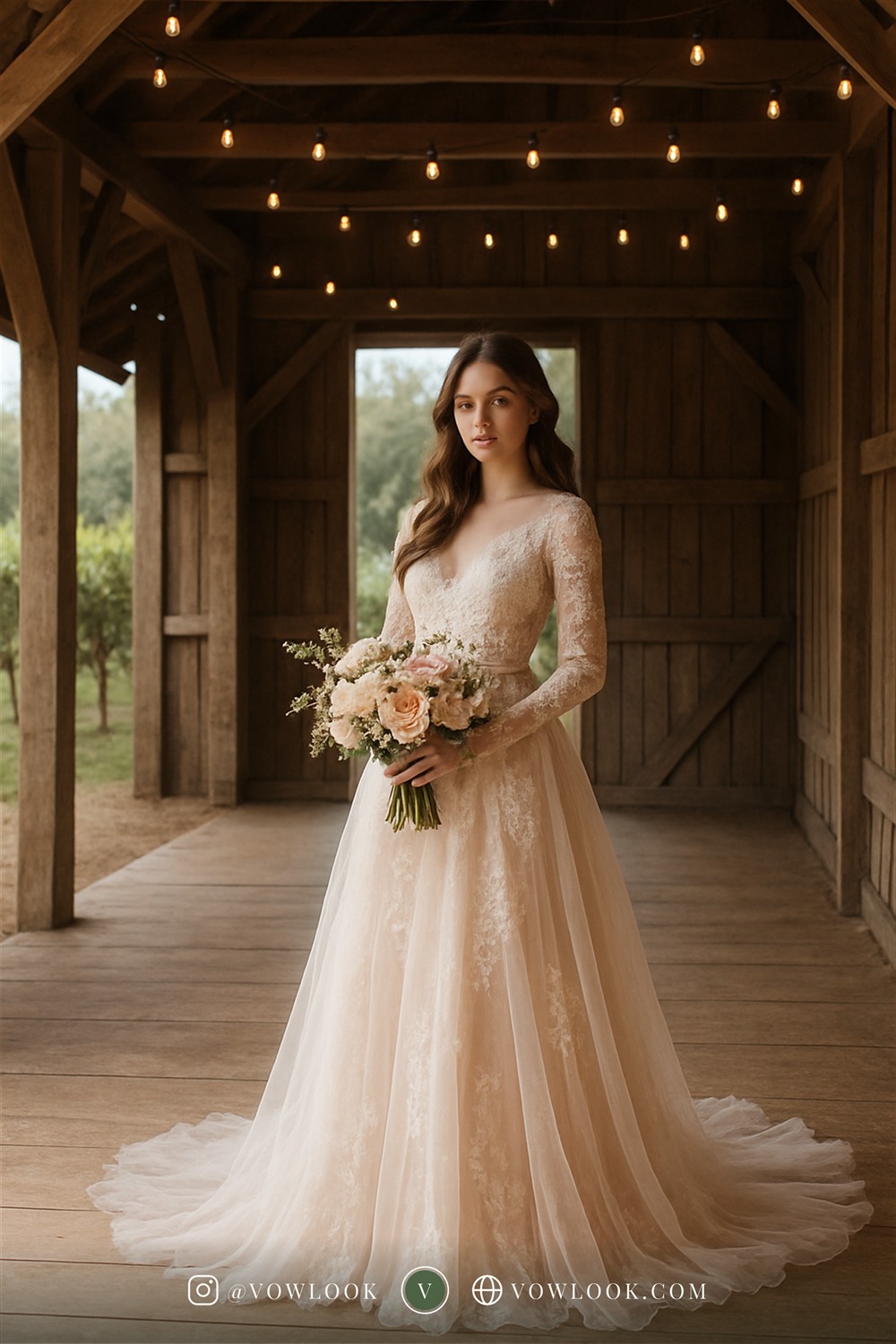 Romantic rustic wedding look — an A-line or soft ballgown skirt with a natural waist in ivory or a whisper of blush-tinted white