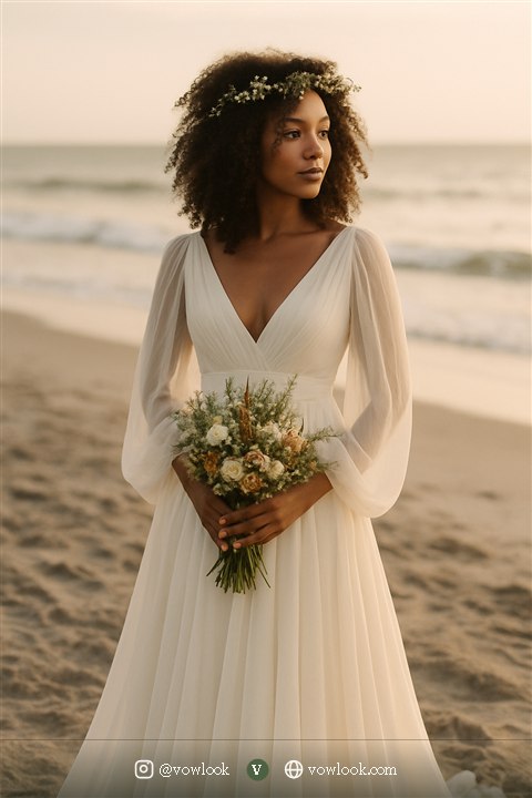 Bohemian beach wedding look — a column or soft sheath shape that moves with you in warm ivory or champagne