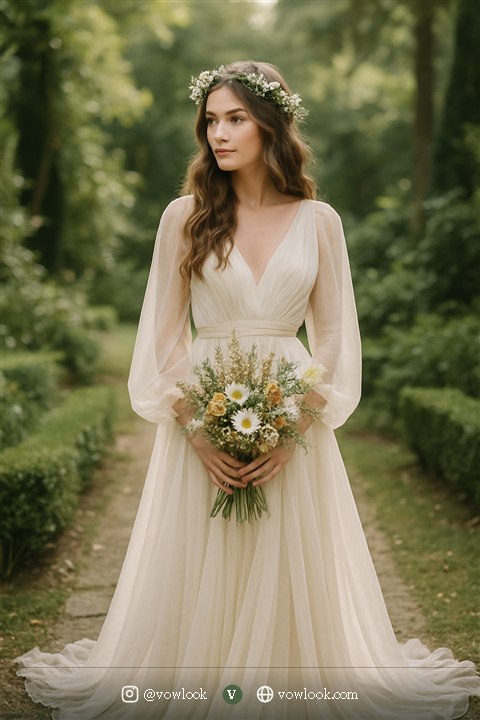 Bohemian garden wedding look — a column or soft sheath shape that moves with you in warm ivory or champagne
