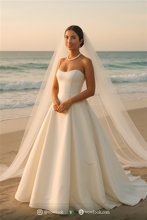 Classic beach wedding look — a clean A-line or structured ballgown with a defined waist in true ivory — the most photogenic, versatile white in bridal