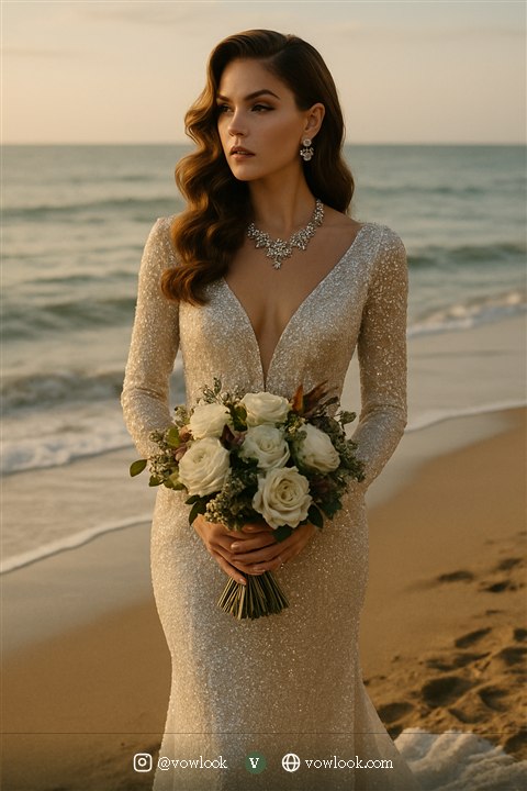 Glamorous beach wedding look — a fitted mermaid or trumpet that celebrates your curves in pure white or ivory with a subtle shimmer