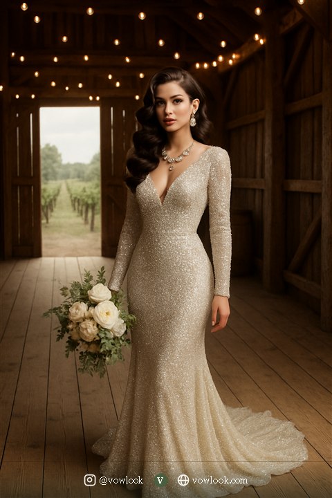 Glamorous rustic wedding look — a fitted mermaid or trumpet that celebrates your curves in pure white or ivory with a subtle shimmer