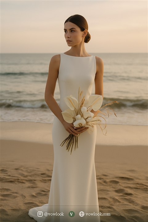 Modern beach wedding look — a minimalist sheath, crepe column or a sleek bridal jumpsuit in crisp pure white or clean ivory, free of ornament