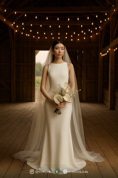 Modern rustic wedding look — a minimalist sheath, crepe column or a sleek bridal jumpsuit in crisp pure white or clean ivory, free of ornament