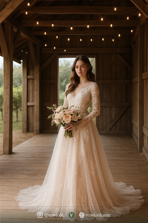 Romantic rustic wedding look — an A-line or soft ballgown skirt with a natural waist in ivory or a whisper of blush-tinted white