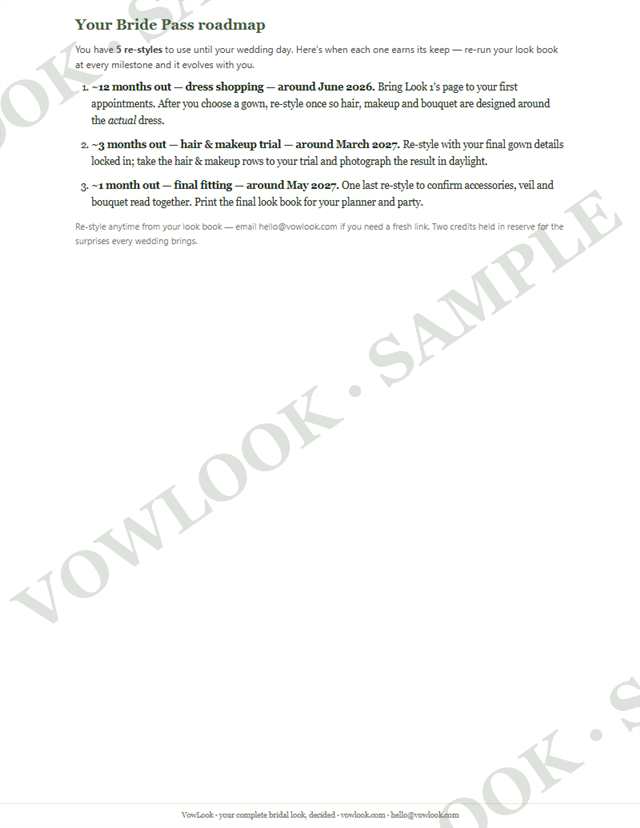 Bride Pass wedding roadmap page (sample)